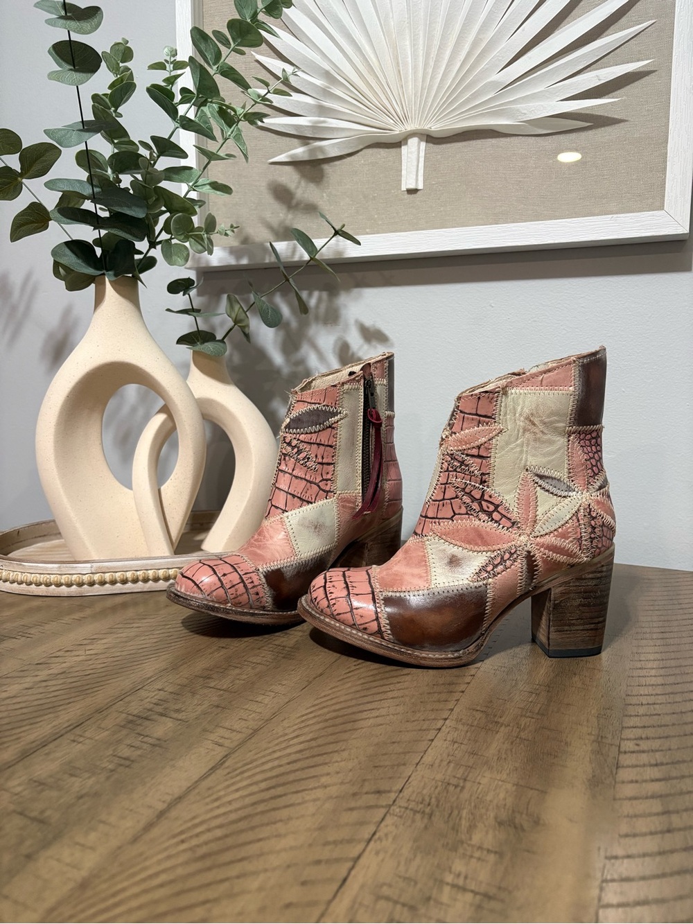 Freebird by Steven - Flower - Pink Patchwork Leather Block Heel Ankle Boots